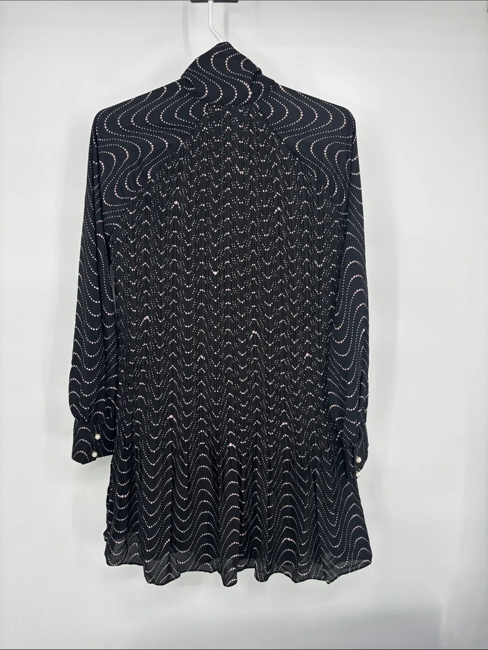 KATE SPADE Black Wavy Dot Pleated Chiffon Necktie long sleeve  lined dress NWT
